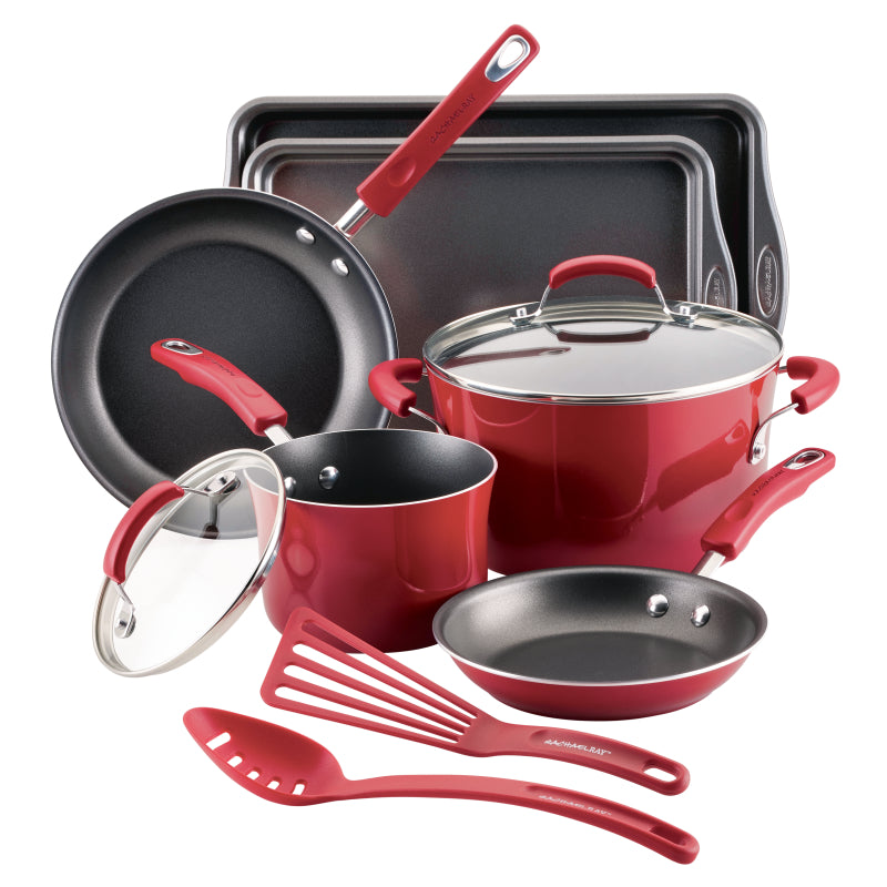 Rachael Ray Classic Brights Porcelain Enamel Nonstick Cookware Set, 10-Piece, Red