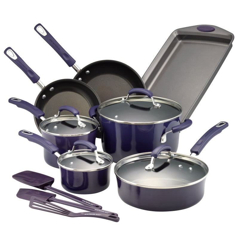 Rachael Ray Classic Brights Hard Porcelain Enamel Nonstick Cookware Pots and Pans Set, 14-Piece, Purple Gradient