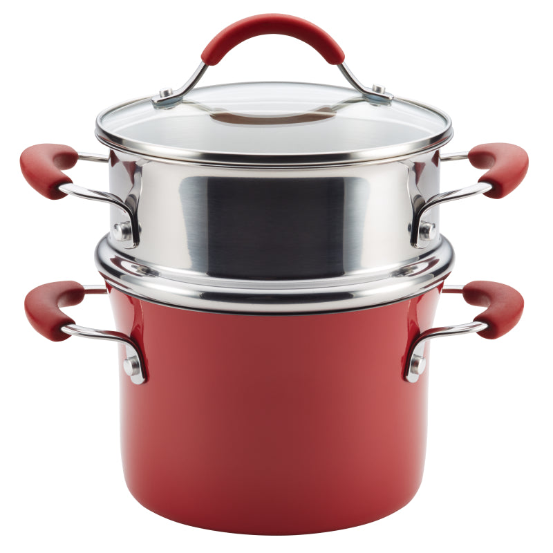 Rachael Ray Cucina Hard Enamel Nonstick Sauce Pot and Steamer Insert Set, 3-Quart, Cranberry Red