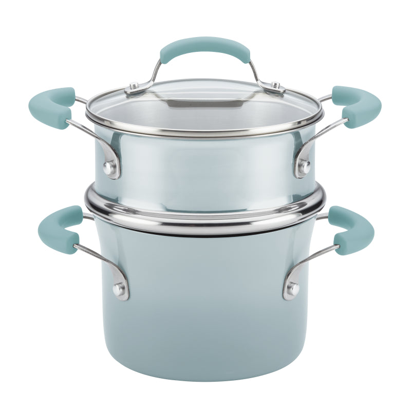 Rachael Ray Classic Brights Hard Enamel Nonstick 3-Quart Covered Steamer Set, Sky Blue