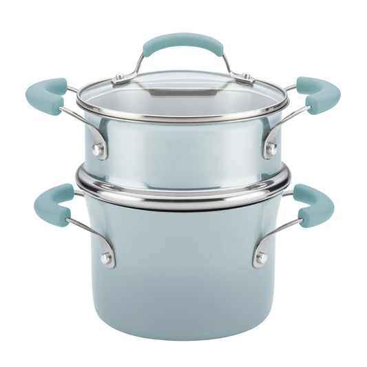 Rachael Ray Classic Brights Hard Enamel Nonstick 3-Quart Covered Steamer Set, Sky Blue