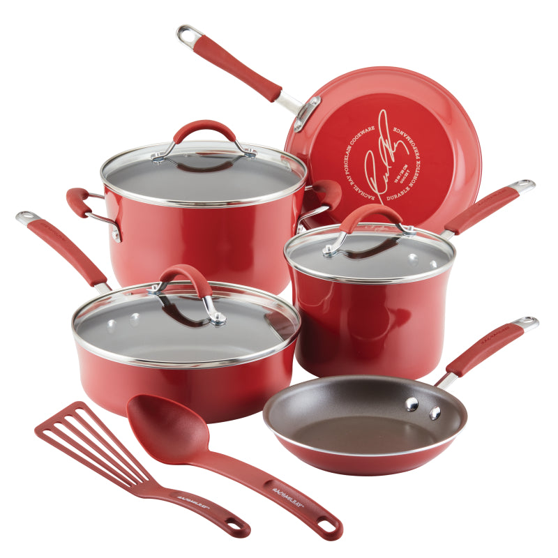 Rachael Ray Cucina Nonstick Cookware Pots and Pans Set, 10-Piece, Cranberry Red