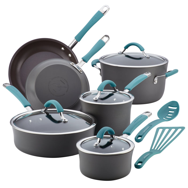 Rachael Ray Cucina Hard-Anodized Nonstick Cookware Set, 12-Piece, Gray with Agave Blue Handles