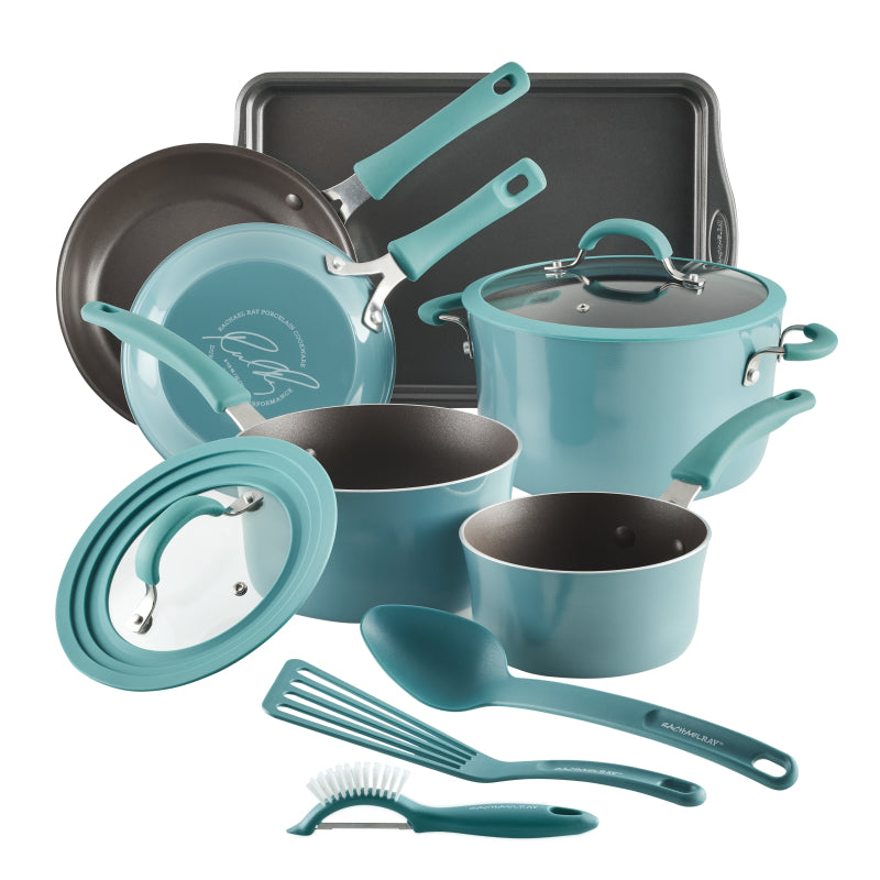 Rachael Ray Cook + Create Aluminum Nonstick Cookware Set, 11-Piece, Agave Blue