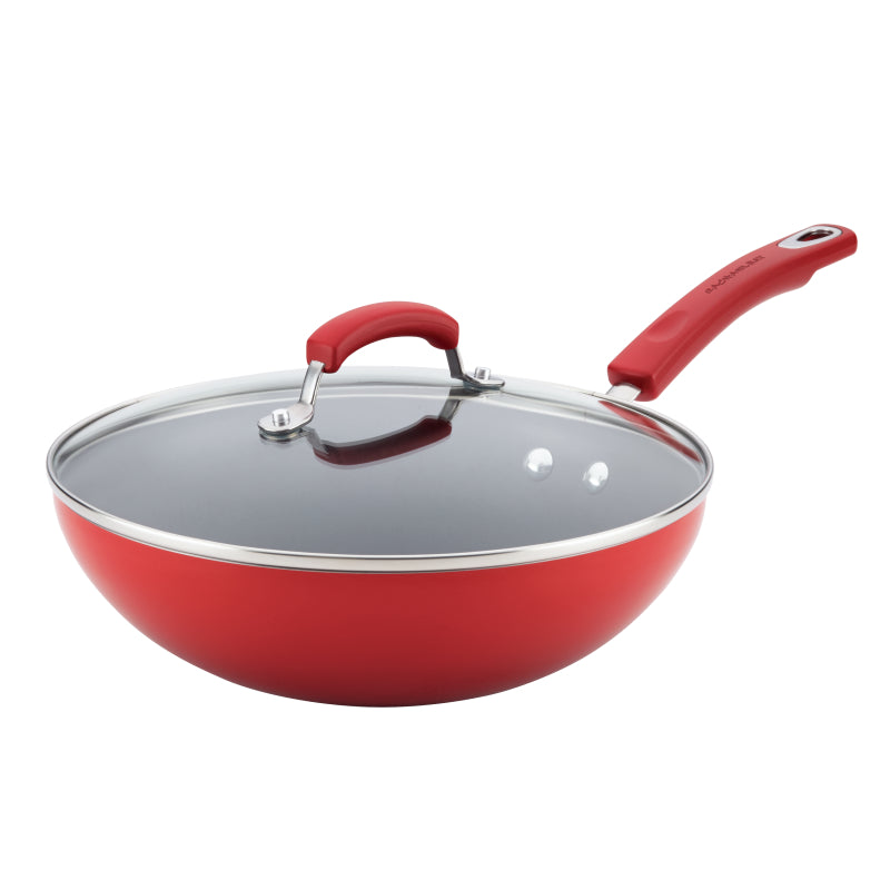 Rachael Ray Classic Brights Aluminum Nonstick Stir Fry Pan with Glass Lid, 11-Inch, Red Gradient Hard Enamel