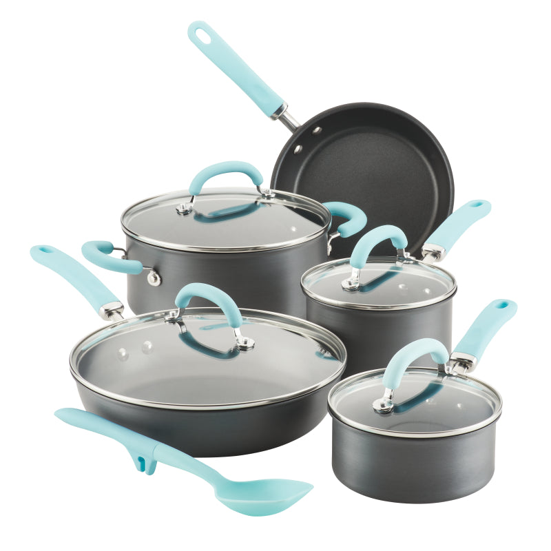 Rachael Ray Create Delicious Hard-Anodized Aluminum Nonstick Cookware Induction Pots and Pans Set, 10-Piece, Light Blue Handles