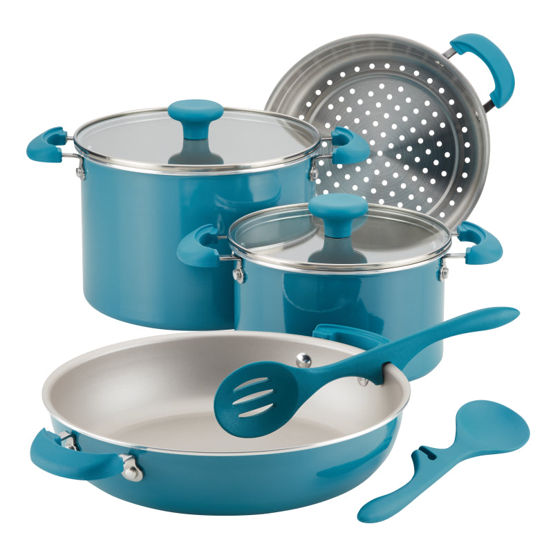 Rachael Ray Get Cooking! Stackable Nonstick Cookware Set, 8-Piece, Turquoise