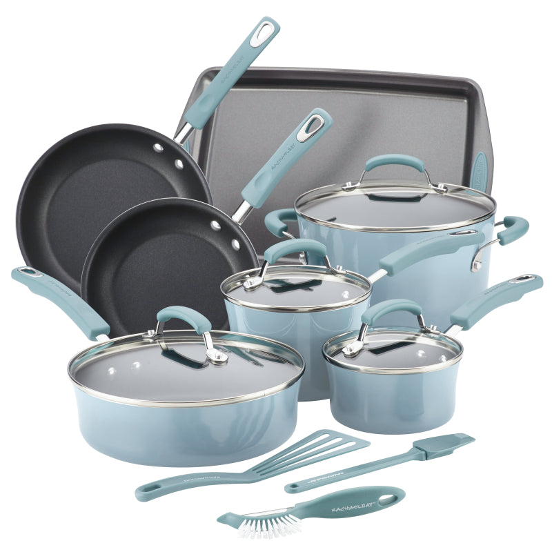 Rachael Ray Classic Brights Porcelain Aluminum Nonstick Cookware Pots and Pans Set, 14-Piece, Sky Blue