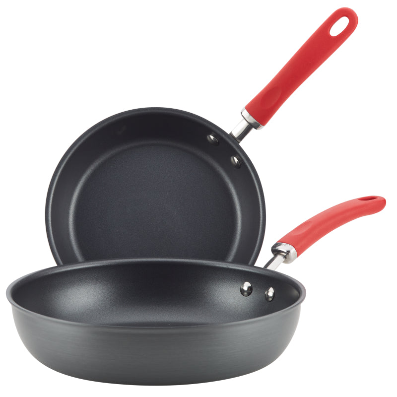 Rachael Ray Create Delicious Hard-Anodized Aluminum Nonstick Induction Deep Frying Pan Set, 2-Piece, Red Handles