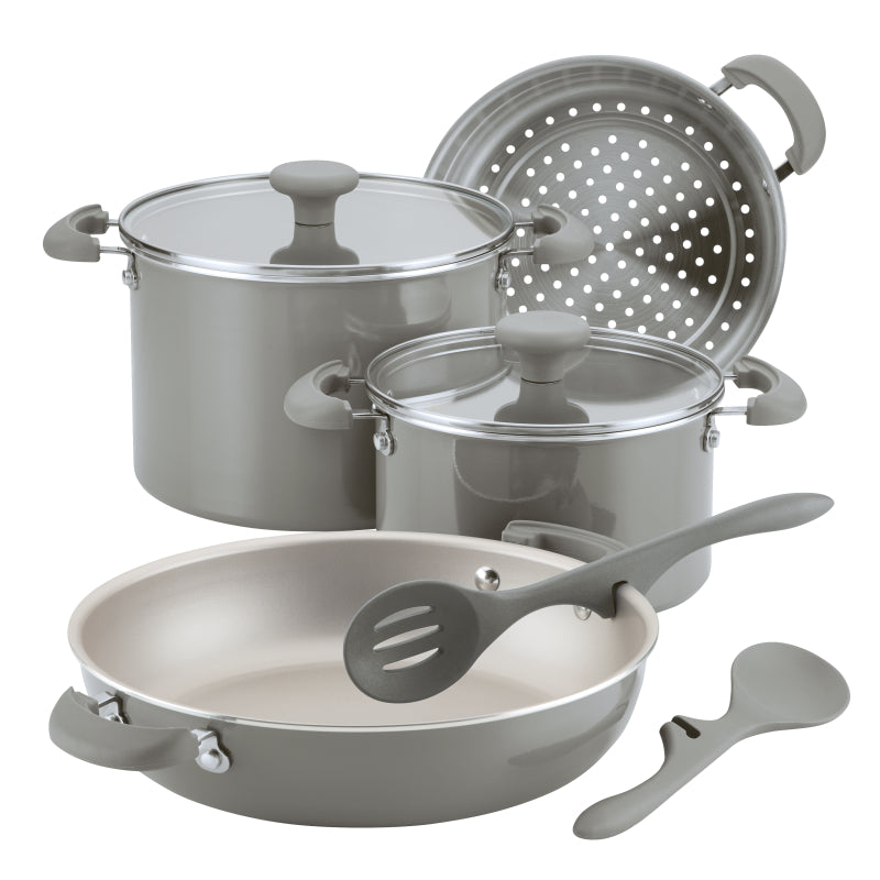 Rachael Ray Get Cooking! Stackable Nonstick Cookware Set, 8-Piece, Gray