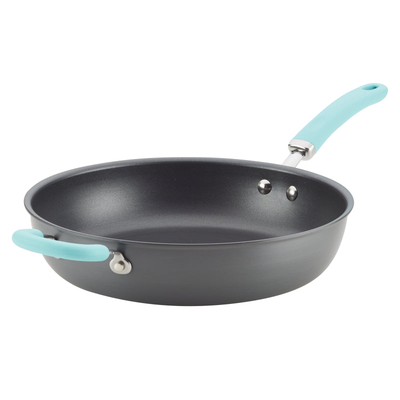 Rachael Ray Create Delicious Hard-Anodized Aluminum Nonstick Induction Deep Frying Pan, 12.5-Inch, Light Blue Handle