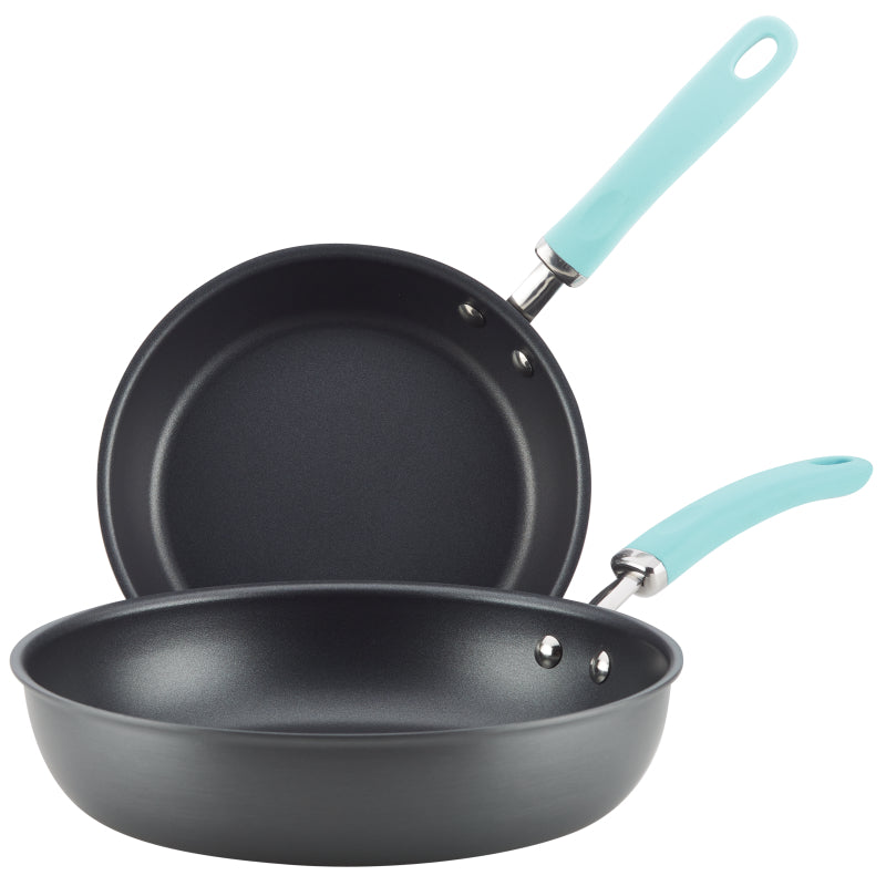 Rachael Ray Create Delicious Hard-Anodized Aluminum Nonstick Induction Deep Frying Pan Set, 2-Piece, Light Blue Handles