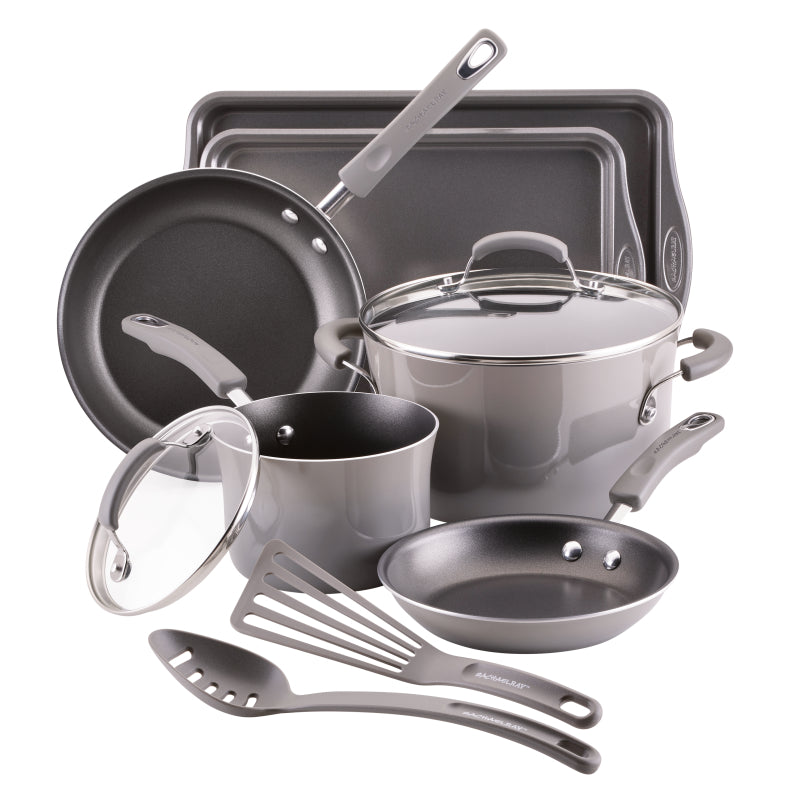 Rachael Ray Classic Brights Porcelain Enamel Nonstick Cookware Set, 10-Piece, Gray