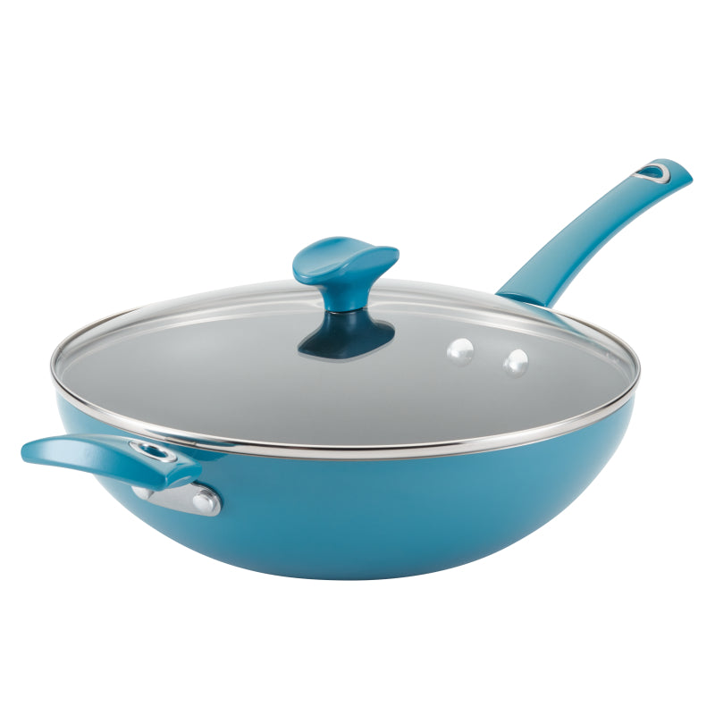 Rachael Ray Cityscapes Porcelain Enamel Nonstick Covered Stir Fry Pan, 11-Inch, Turquoise