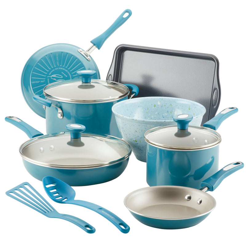 Rachael Ray Get Cooking! Aluminum Nonstick Cookware Pots and Pans Set, 12-Piece, Turquoise