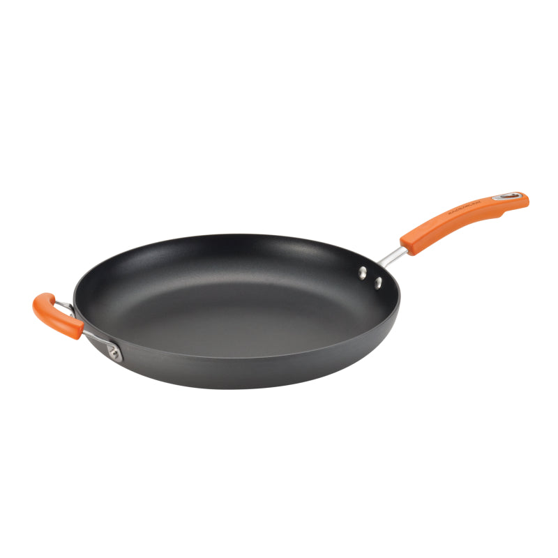 Rachael Ray Hard Anodized Nonstick Frying Pan with Helper Handle, 14-Inch, Gray with Orange Handle