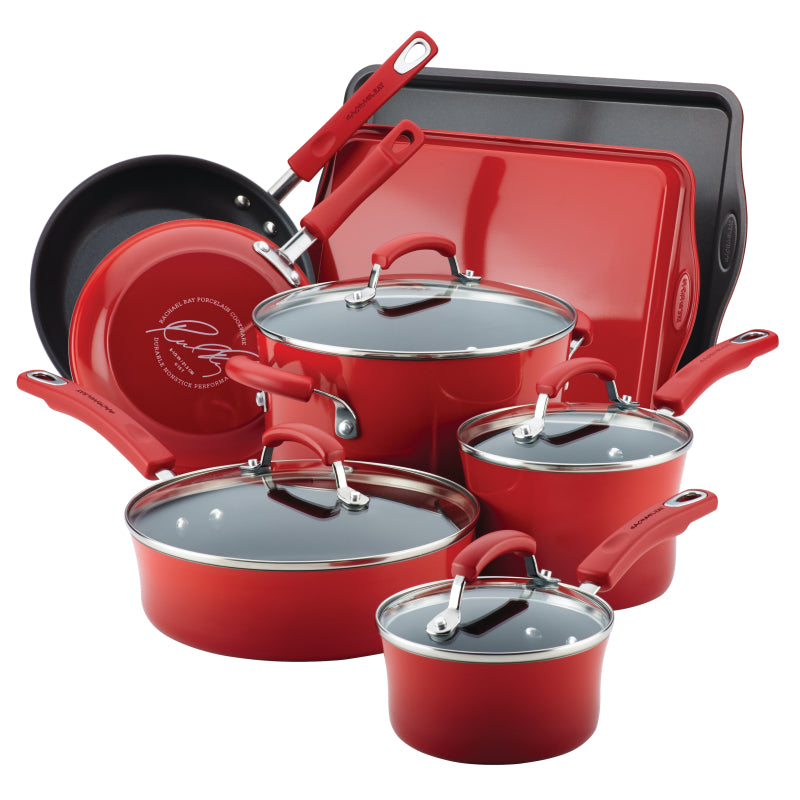 Rachael Ray Classic Brights Aluminum 12-Piece Cookware Set Red