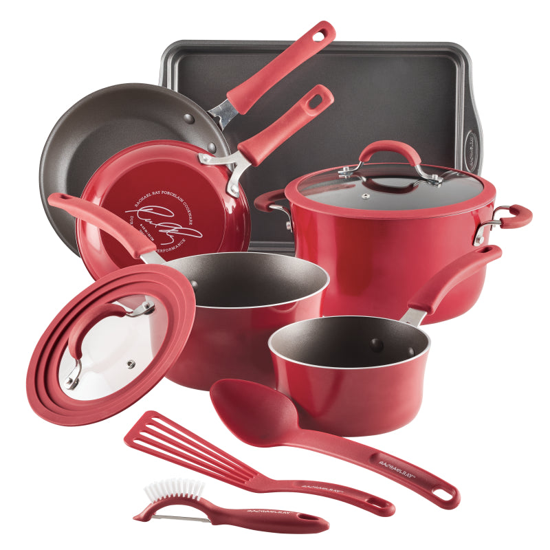 Rachael Ray Cook + Create Aluminum Nonstick Cookware Set, 11-Piece, Red