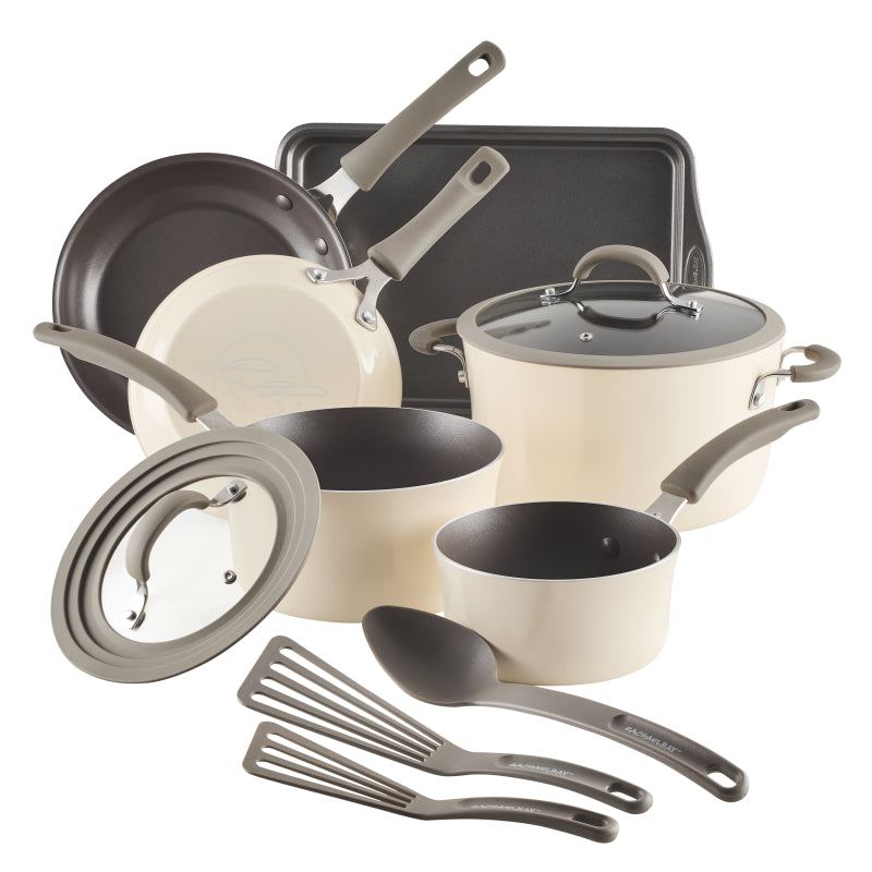 Rachael Ray Cook + Create Aluminum Nonstick Cookware Set, 11-Piece, Almond