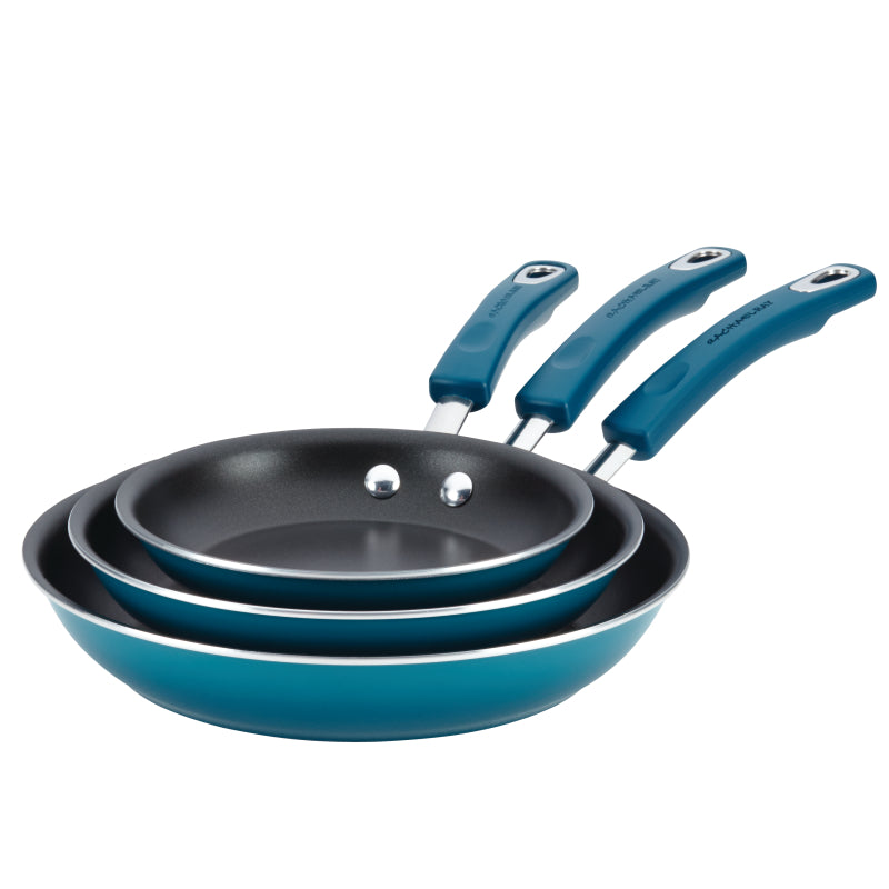 Rachael Ray Classic Brights Hard Enamel Aluminum Nonstick Frying Pan Set, 3-Piece, Marine Blue