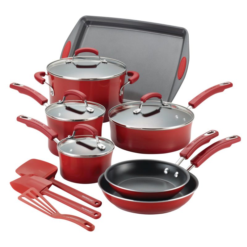 Rachael Ray Classic Brights Porcelain Enamel Nonstick Cookware Pots and Pans Set, 14-Piece, Red Gradient