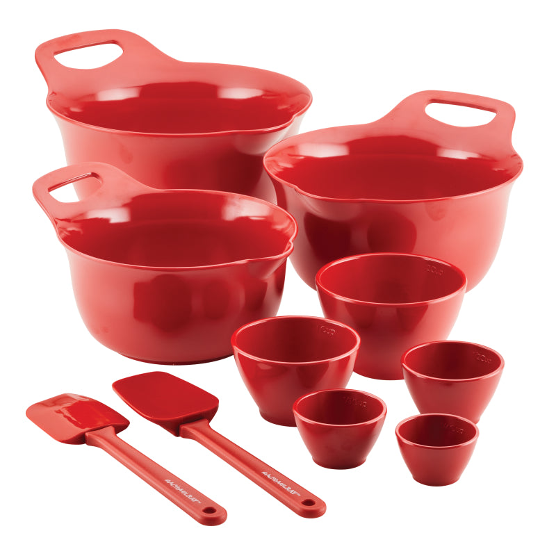 Rachael Ray Mix and Measure Mixing Bowl Measuring Cup and Utensil Set, 10-Piece, Red