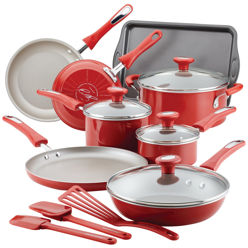 Rachael Ray Get Cooking! Aluminum Nonstick Cookware Set, 15-Piece, Red