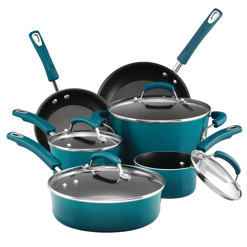 Rachael Ray Classic Brights Hard Porcelain Enamel Nonstick Cookware Pots and Pans Set, 10-Piece, Marine Blue