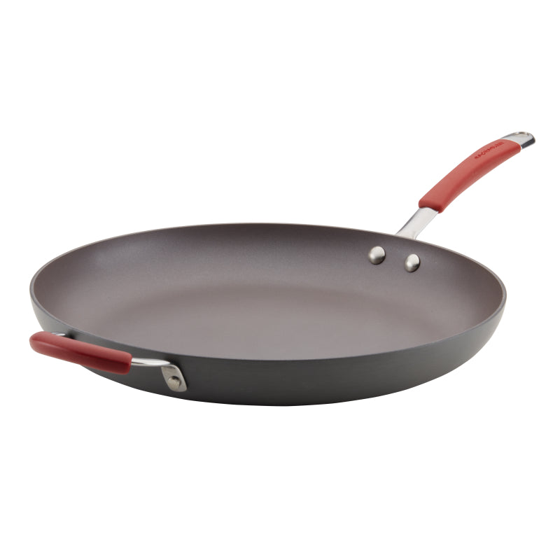 Rachael Ray Cucina Hard-Anodized Nonstick Frying Pan, 14-Inch, Gray with Cranberry Red Handles