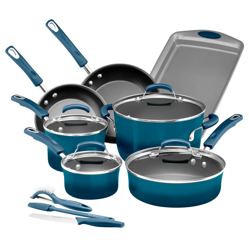 Rachael Ray Classic Brights Hard Enamel Nonstick 14-Piece Cookware Set, Marine Blue