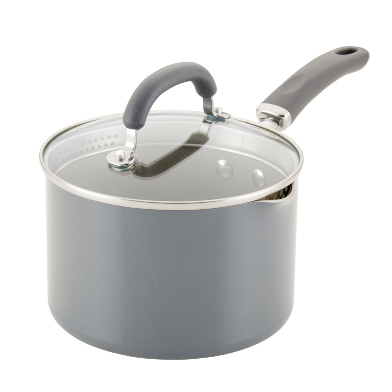 Rachael Ray Create Delicious Nonstick Straining Induction Sauce Pan with Lid, 3-Quart, Gray Shimmer