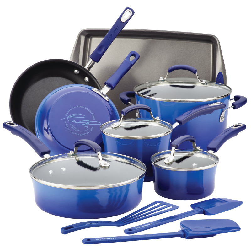 Rachael Ray Classic Brights Hard Enamel Nonstick Cookware Pots and Pans Set, 14-Piece, Blue Gradient