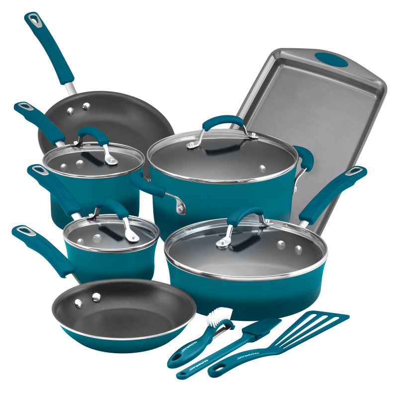 Rachael Ray Classic Brights Aluminum 14-Piece Cookware Set Marine Blue