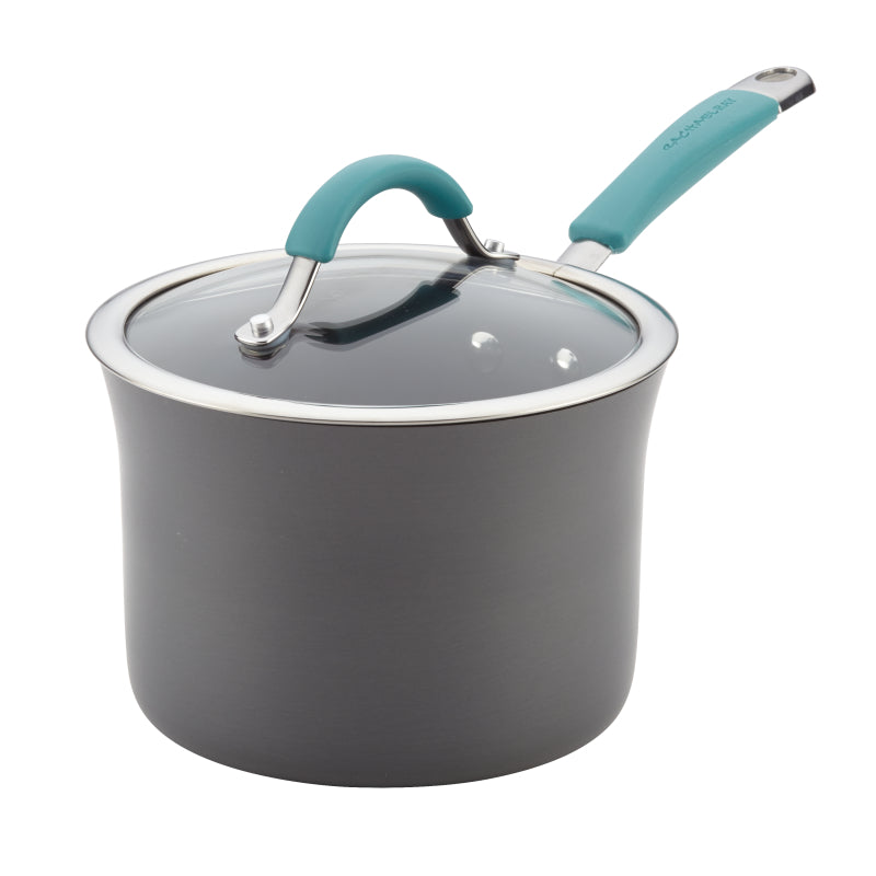 Rachael Ray Cucina Hard-Anodized Nonstick Saucepan with Lid, 3-Quart, Gray with Agave Blue Handles