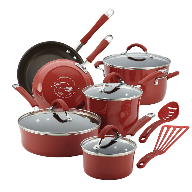 Rachael Ray Cucina Nonstick Cookware Pots and Pans Set, 12-Piece, Cranberry Red