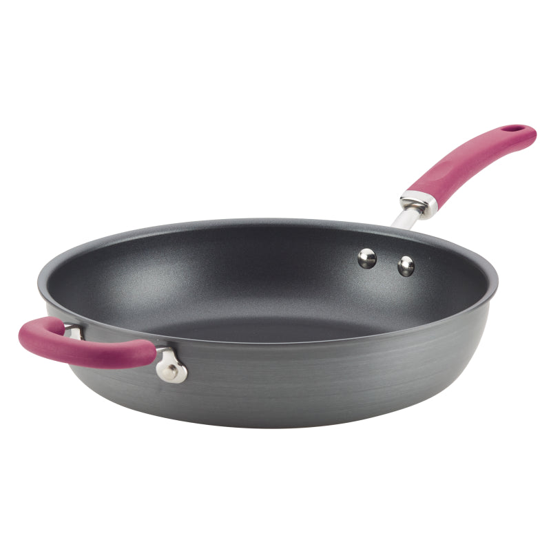 Rachael Ray Create Delicious Hard-Anodized Aluminum Nonstick Induction Deep Frying Pan, 12.5-Inch, Burgundy Handle