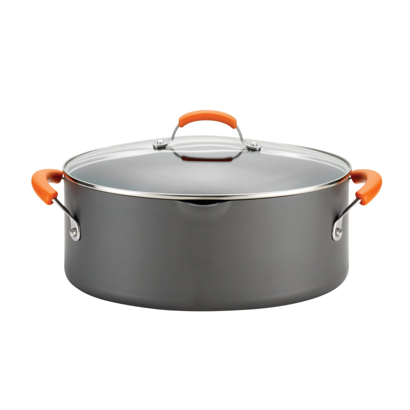 Rachael Ray Hard-Anodized Nonstick Oval Pasta Pot / Stockpot with Lid and Pour Spout, 8-Quart, Gray with Orange Handles