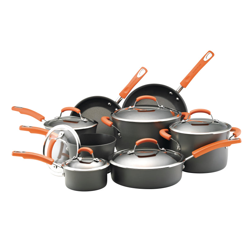 Rachael Ray Hard-Anodized Nonstick Cookware Pots and Pans Set, 14 Pieces, Gray with Orange Handles