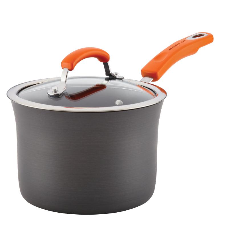 Rachael Ray Hard-Anodized Aluminum Nonstick Sauce Pan with Lid, 3-Quart, Gray and Orange