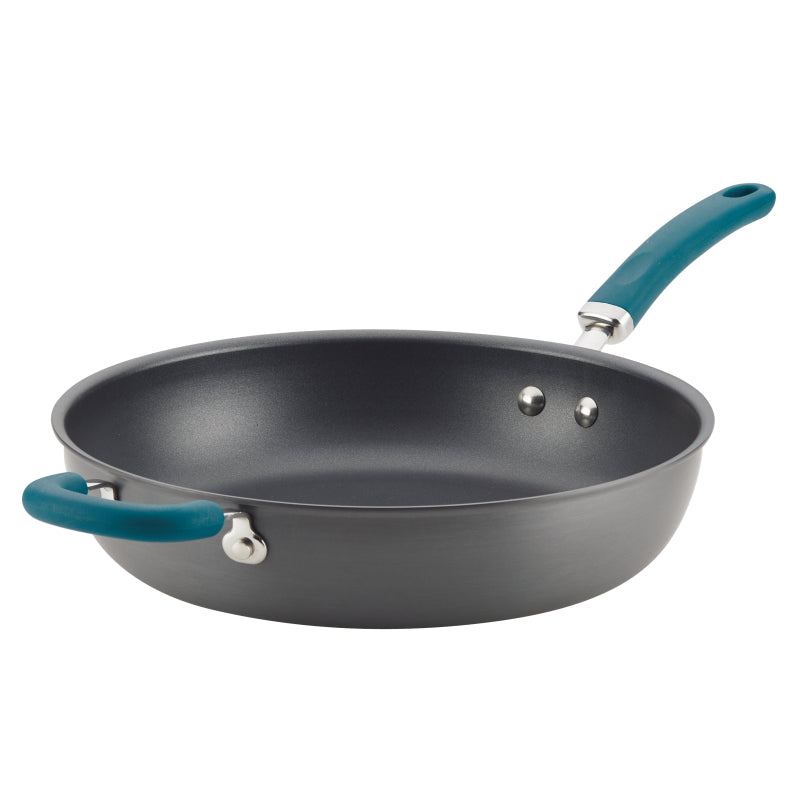 Rachael Ray Create Delicious Hard-Anodized Aluminum Nonstick Induction Deep Frying Pan, 12.5-Inch, Teal Handle