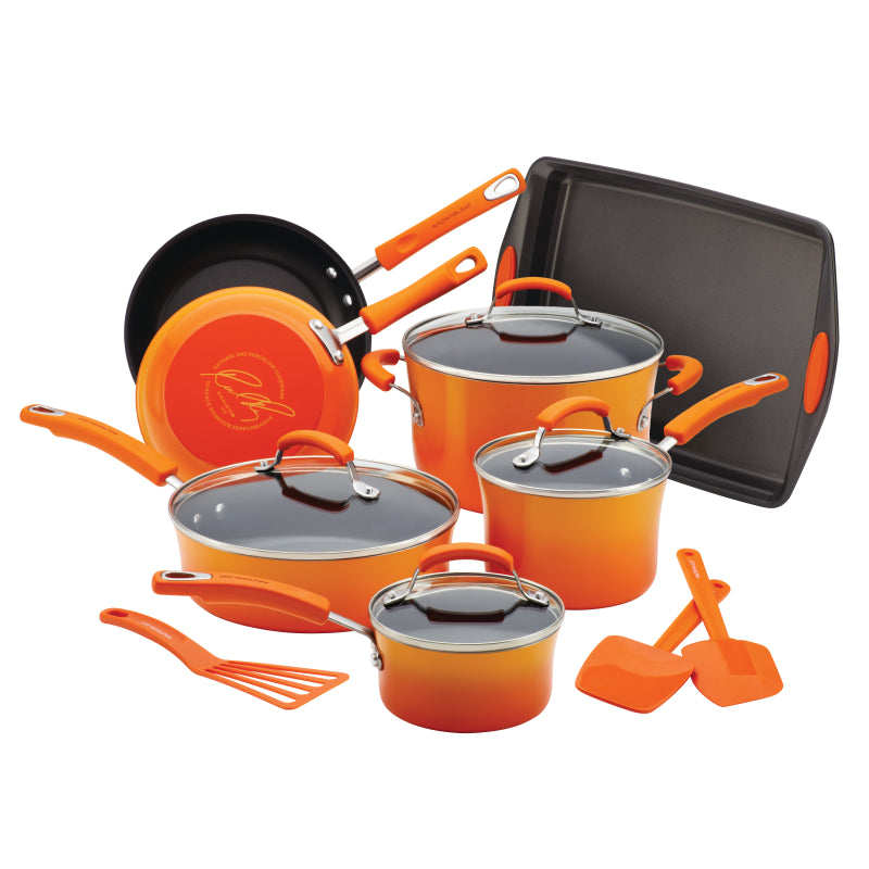 Rachael Ray Classic Brights Porcelain Enamel Nonstick Cookware Pots and Pans Set with Bakeware and Utensils, 14-Piece, Gradient Orange