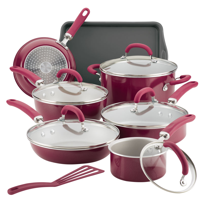 Rachael Ray Create Delicious Aluminum Nonstick Cookware Induction Pots and Pans Set, 13-Piece, Burgundy Shimmer